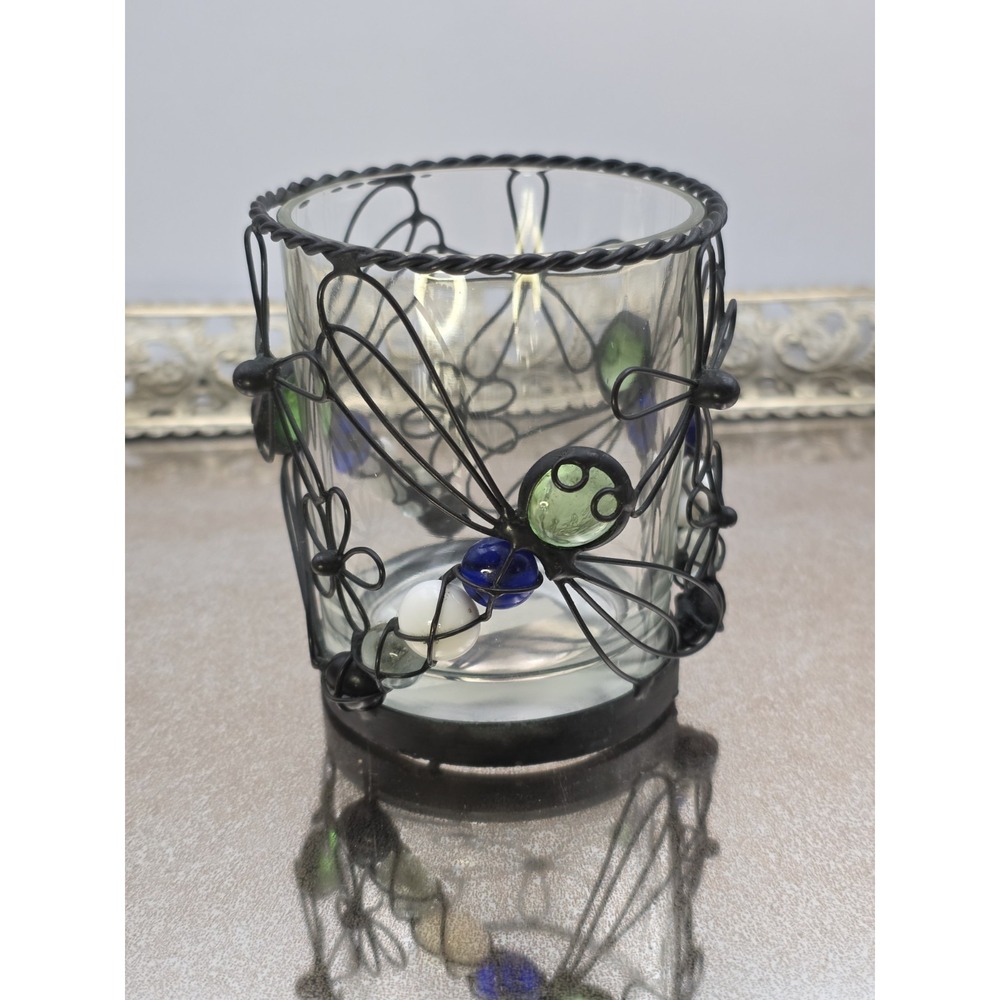 Jeweled Dragonfly Candle Holder Glass & Twisted Wire Green Blue‎ White 3.5"T 3"W